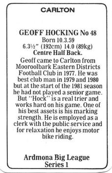 1981 Ardmona Big League Series 1 Carlton Blues (VFL) #NNO Geoff Hocking Back